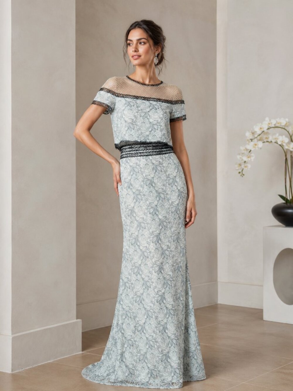 Tadashi Shoji Floral Lace Illusion Chiffon Crop Top Gown Blue Black Size 0